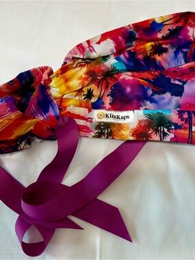 KimKaps Colorful Tropical Scrub Cap with Magenta Ties never worn